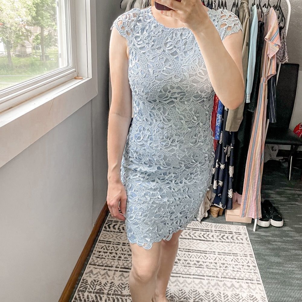 Alice + Olivia Clover Lace Cut Out Back Mini Dress Blue 4